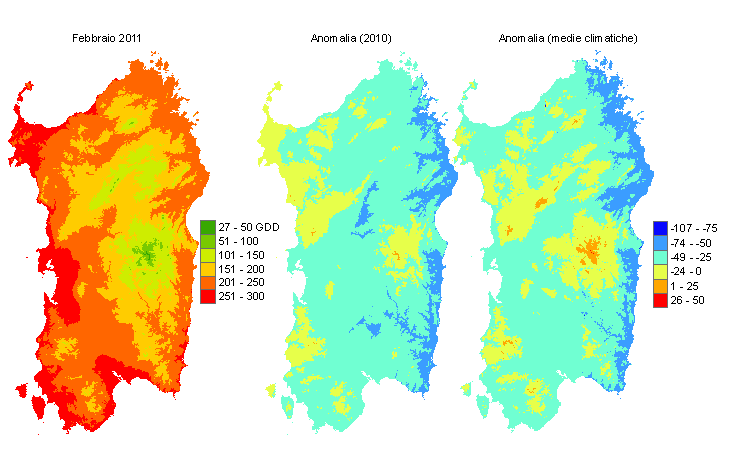 Figura 6 - Mappe di sommatorie termiche in base 0 °C calcolate per il mese di febbraio 2011 e raffronto con l'anno precedente e con i valori medi trentennali. Figura 6 - Mappe di sommatorie termiche in base 0 °C calcolate per il mese di febbraio 2011 e raffronto con l'anno precedente e con i valori medi trentennali.