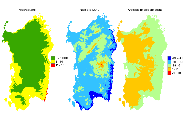 Figura 7 - Mappe di sommatorie termiche in base 10 °C calcolate per il mese di febbraio 2011 e raffronto con l'anno precedente e con i valori medi trentennali. Figura 7 - Mappe di sommatorie termiche in base 10 °C calcolate per il mese di febbraio 2011 e raffronto con l'anno precedente e con i valori medi trentennali.
