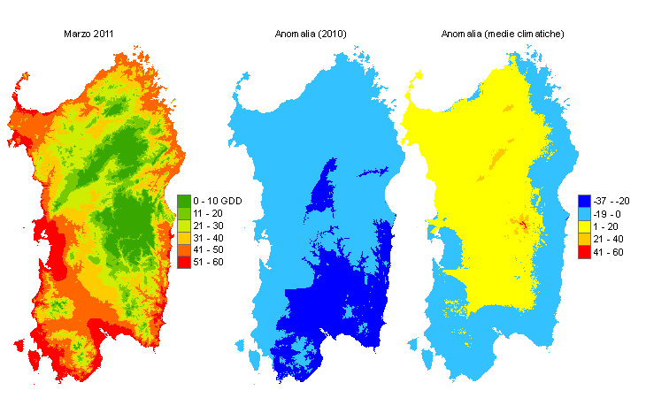 Figura 7 - Mappe di sommatorie termiche in base 10 °C calcolate per il mese di marzo 2011 e raffronto con l'anno precedente e con i valori medi trentennali. Figura 7 - Mappe di sommatorie termiche in base 10 °C calcolate per il mese di marzo 2011 e raffronto con l'anno precedente e con i valori medi trentennali.