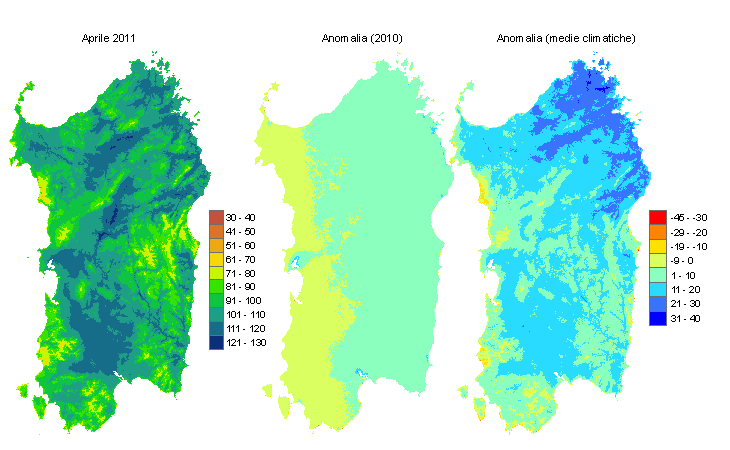 Figura 1 - Mappe di evapotraspirazione di riferimento di aprile 2011 e di anomalia rispetto all'anno precedente e ai valori medi trentennali. Figura 1 - Mappe di evapotraspirazione di riferimento di aprile 2011 e di anomalia rispetto all'anno precedente e ai valori medi trentennali.