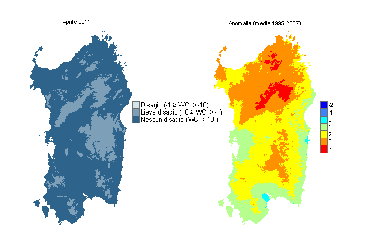Figura 12 - Mappe di WCI per il mese di aprile 2011 e raffronto con i valori medi del periodo 1995-2007. Figura 12 - Mappe di WCI per il mese di aprile 2011 e raffronto con i valori medi del periodo 1995-2007.