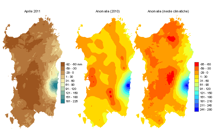 Figura 2 - Mappe di bilancio idro-meteorologico di aprile 2011 e di anomalia rispetto all'anno precedente e ai valori medi trentennali. Figura 2 - Mappe di bilancio idro-meteorologico di aprile 2011 e di anomalia rispetto all'anno precedente e ai valori medi trentennali.
