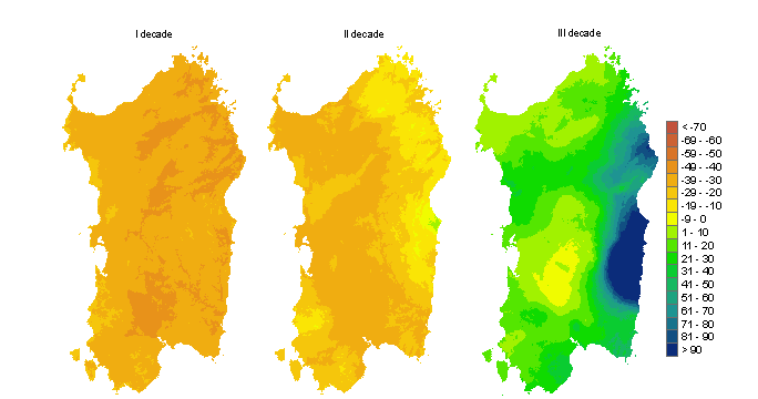 Figura 3 - Mappe di bilancio idro-meteorologico della I, II e III decade di aprile 2011. Figura 3 - Mappe di bilancio idro-meteorologico della I, II e III decade di aprile 2011.