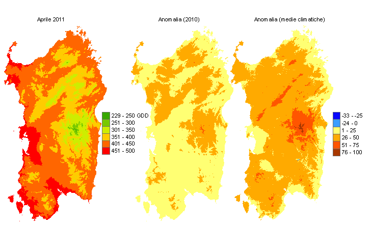 Figura 6 - Mappe di sommatorie termiche in base 0 °C calcolate per il mese di aprile 2011 e raffronto con l'anno precedente e con i valori medi trentennali. Figura 6 - Mappe di sommatorie termiche in base 0 °C calcolate per il mese di aprile 2011 e raffronto con l'anno precedente e con i valori medi trentennali.