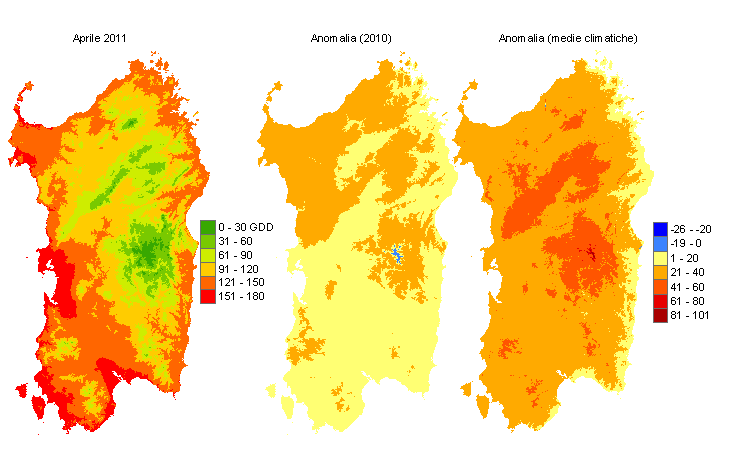 Figura 7 - Mappe di sommatorie termiche in base 10 °C calcolate per il mese di aprile 2011 e raffronto con l'anno precedente e con i valori medi trentennali. Figura 7 - Mappe di sommatorie termiche in base 10 °C calcolate per il mese di aprile 2011 e raffronto con l'anno precedente e con i valori medi trentennali.