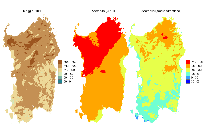 Figura 2 - Mappe di bilancio idro-meteorologico di maggio 2011 e di anomalia rispetto all'anno precedente e ai valori medi trentennali. Figura 2 - Mappe di bilancio idro-meteorologico di maggio 2011 e di anomalia rispetto all'anno precedente e ai valori medi trentennali.