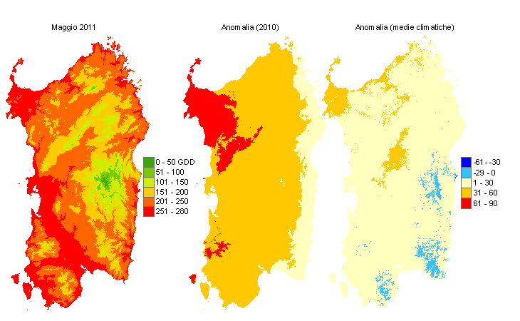 Figura 7 - Mappe di sommatorie termiche in base 10 °C calcolate per il mese di maggio 2011 e raffronto con l'anno precedente e con i valori medi trentennali. Figura 7 - Mappe di sommatorie termiche in base 10 °C calcolate per il mese di maggio 2011 e raffronto con l'anno precedente e con i valori medi trentennali.