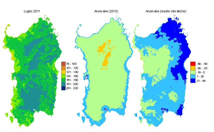Figura 1 - Mappe di evapotraspirazione di riferimento di luglio 2011 e di anomalia rispetto all'anno precedente e ai valori medi trentennali. Figura 1 - Mappe di evapotraspirazione di riferimento di luglio 2011 e di anomalia rispetto all'anno precedente e ai valori medi trentennali.