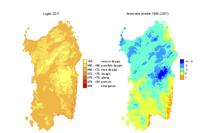 Figura 12 - Mappe di THI per il mese di luglio 2011 e raffronto con i valori medi del periodo 1995-2007. Figura 12 - Mappe di THI per il mese di luglio 2011 e raffronto con i valori medi del periodo 1995-2007.