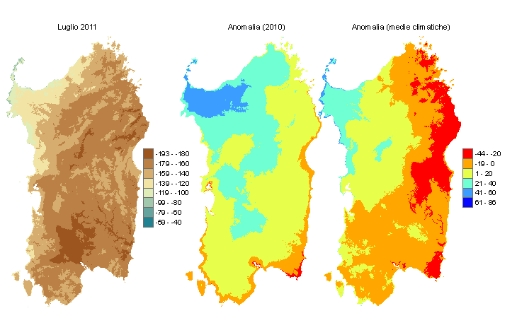 Figura 2 - Mappe di bilancio idro-meteorologico di luglio 2011 e di anomalia rispetto all'anno precedente e ai valori medi trentennali. Figura 2 - Mappe di bilancio idro-meteorologico di luglio 2011 e di anomalia rispetto all'anno precedente e ai valori medi trentennali.