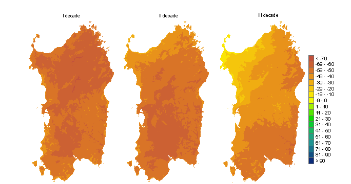 Figura 3 - Mappe di bilancio idro-meteorologico della I, II e III decade di luglio 2011. Figura 3 - Mappe di bilancio idro-meteorologico della I, II e III decade di luglio 2011.