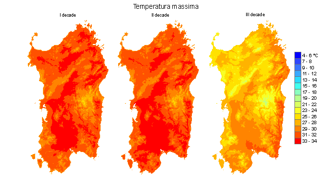 Figura 5 - Valori medi decadali delle temperature massime registrate nel mese di luglio 2011. Figura 5 - Valori medi decadali delle temperature massime registrate nel mese di luglio 2011.