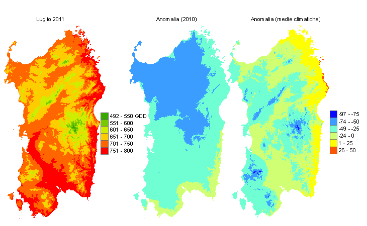 Figura 6 - Mappe di sommatorie termiche in base 0 °C calcolate per il mese di luglio 2011 e raffronto con l'anno precedente e con i valori medi trentennali. Figura 6 - Mappe di sommatorie termiche in base 0 °C calcolate per il mese di luglio 2011 e raffronto con l'anno precedente e con i valori medi trentennali.