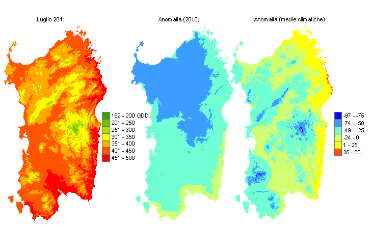 Figura 7 - Mappe di sommatorie termiche in base 10 °C calcolate per il mese di luglio 2011 e raffronto con l'anno precedente e con i valori medi trentennali. Figura 7 - Mappe di sommatorie termiche in base 10 °C calcolate per il mese di luglio 2011 e raffronto con l'anno precedente e con i valori medi trentennali.