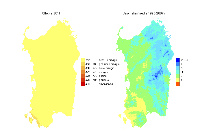 Figura 12 - Mappe di THI per il mese di ottobre 2011 e raffronto con i valori medi del periodo 1995-2007. Figura 12 - Mappe di THI per il mese di ottobre 2011 e raffronto con i valori medi del periodo 1995-2007.
