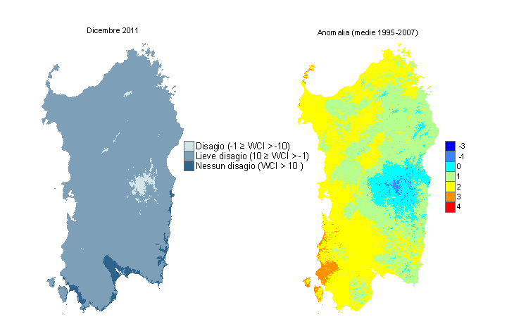 Figura 12 - Mappe di WCI per il mese di dicembre 2011 e raffronto con i valori medi del periodo 1995-2007. Figura 12 - Mappe di WCI per il mese di dicembre 2011 e raffronto con i valori medi del periodo 1995-2007.