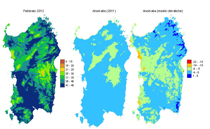 Figura 1 - Mappe di evapotraspirazione di riferimento di febbraio 2012 e di anomalia rispetto all'anno precedente e ai valori medi trentennali. Figura 1 - Mappe di evapotraspirazione di riferimento di febbraio 2012 e di anomalia rispetto all'anno precedente e ai valori medi trentennali.