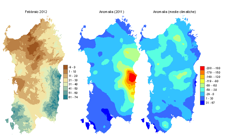 Figura 2 - Mappe di bilancio idro-meteorologico di febbraio 2012 e di anomalia rispetto all'anno precedente e ai valori medi trentennali. Figura 2 - Mappe di bilancio idro-meteorologico di febbraio 2012 e di anomalia rispetto all'anno precedente e ai valori medi trentennali.