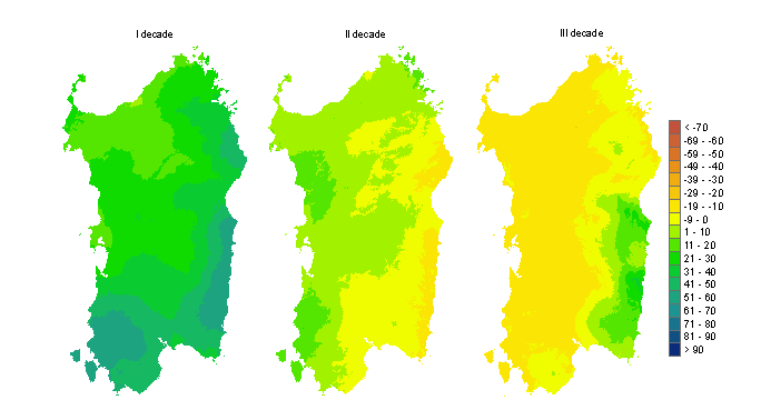 Figura 3 - Mappe di bilancio idro-meteorologico della I, II e III decade di febbraio 2012. Figura 3 - Mappe di bilancio idro-meteorologico della I, II e III decade di febbraio 2012.
