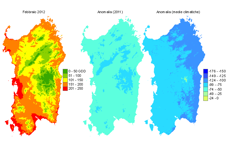 Figura 6 - Mappe di sommatorie termiche in base 0 °C calcolate per il mese di febbraio 2012 e raffronto con l'anno precedente e con i valori medi trentennali. Figura 6 - Mappe di sommatorie termiche in base 0 °C calcolate per il mese di febbraio 2012 e raffronto con l'anno precedente e con i valori medi trentennali.