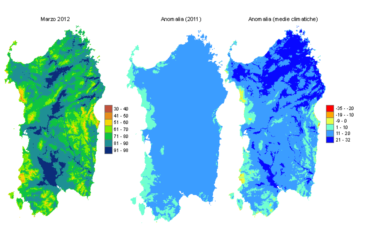 Figura 1 - Mappe di evapotraspirazione di riferimento di marzo 2012 e di anomalia rispetto all'anno precedente e ai valori medi trentennali. Figura 1 - Mappe di evapotraspirazione di riferimento di marzo 2012 e di anomalia rispetto all'anno precedente e ai valori medi trentennali.