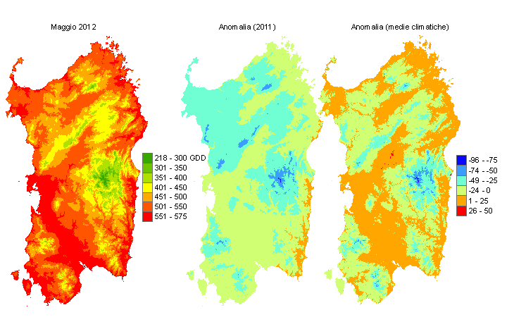Figura 6 - Mappe di sommatorie termiche in base 0 °C calcolate per il mese di maggio 2012 e raffronto con l'anno precedente e con i valori medi trentennali. Figura 6 - Mappe di sommatorie termiche in base 0 °C calcolate per il mese di maggio 2012 e raffronto con l'anno precedente e con i valori medi trentennali.