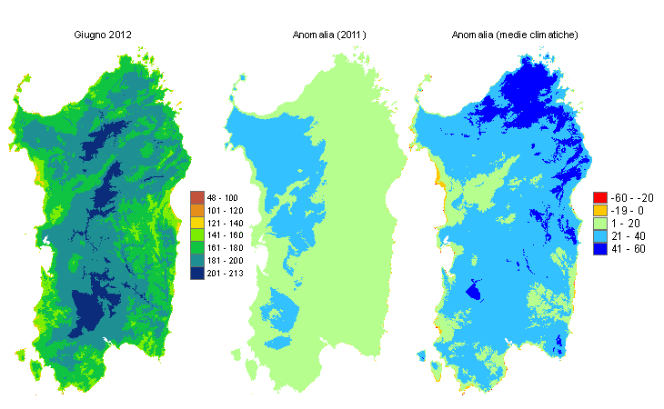Figura 1 - Mappe di evapotraspirazione di riferimento di giugno 2012 e di anomalia rispetto all'anno precedente e ai valori medi trentennali. Figura 1 - Mappe di evapotraspirazione di riferimento di giugno 2012 e di anomalia rispetto all'anno precedente e ai valori medi trentennali.
