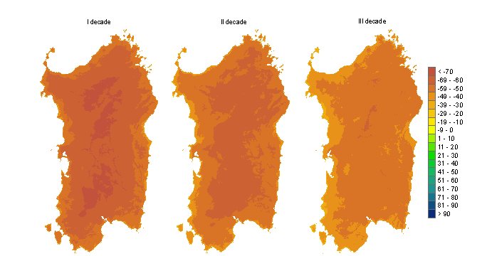 Figura 3 - Mappe di bilancio idro-meteorologico della I, II e III decade di agosto 2012. Figura 3 - Mappe di bilancio idro-meteorologico della I, II e III decade di agosto 2012.