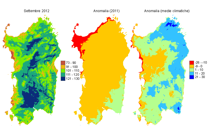 Figura 1 - Mappe di evapotraspirazione di riferimento di settembre 2012 e di anomalia rispetto all'anno precedente e ai valori medi trentennali. Figura 1 - Mappe di evapotraspirazione di riferimento di settembre 2012 e di anomalia rispetto all'anno precedente e ai valori medi trentennali.
