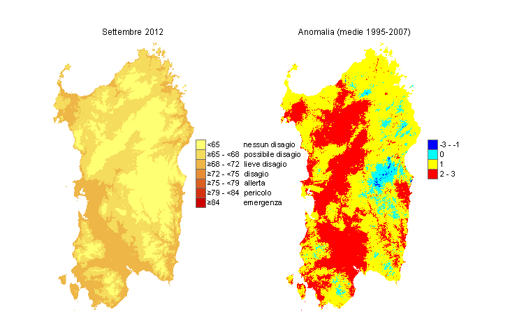 Figura 12 - Mappe di THI per il mese di settembre 2012 e raffronto con i valori medi del periodo 1995-2007. Figura 12 - Mappe di THI per il mese di settembre 2012 e raffronto con i valori medi del periodo 1995-2007.