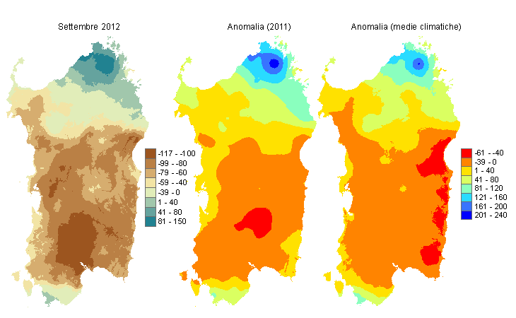 Figura 2 - Mappe di bilancio idro-meteorologico di settembre 2012 e di anomalia rispetto all'anno precedente e ai valori medi trentennali. Figura 2 - Mappe di bilancio idro-meteorologico di settembre 2012 e di anomalia rispetto all'anno precedente e ai valori medi trentennali.