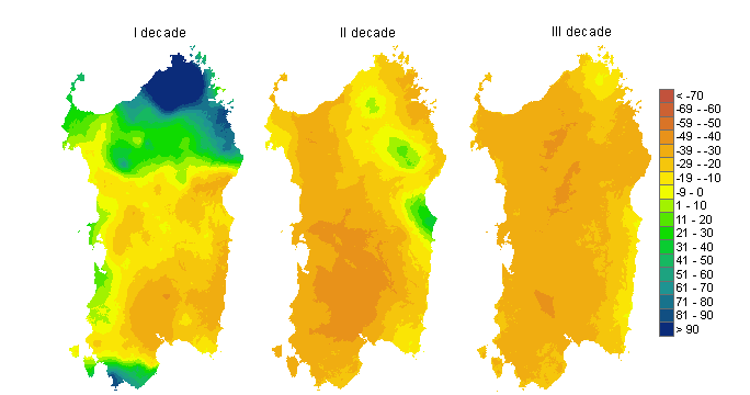 Figura 3 - Mappe di bilancio idro-meteorologico della I, II e III decade di settembre 2012. Figura 3 - Mappe di bilancio idro-meteorologico della I, II e III decade di settembre 2012.