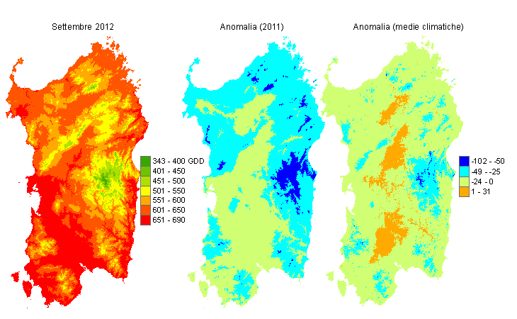 Figura 6 - Mappe di sommatorie termiche in base 0 °C calcolate per il mese di settembre 2012 e raffronto con l'anno precedente e con i valori medi trentennali. Figura 6 - Mappe di sommatorie termiche in base 0 °C calcolate per il mese di settembre 2012 e raffronto con l'anno precedente e con i valori medi trentennali.