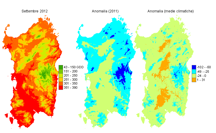 Figura 7 - Mappe di sommatorie termiche in base 10 °C calcolate per il mese di settembre 2012 e raffronto con l'anno precedente e con i valori medi trentennali. Figura 7 - Mappe di sommatorie termiche in base 10 °C calcolate per il mese di settembre 2012 e raffronto con l'anno precedente e con i valori medi trentennali.