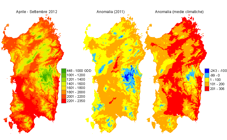 Figura 9 - Sommatorie termiche in base 10 °C calcolate per il periodo aprile - settembre 2012 e raffronto con l'anno precedente e con i valori medi trentennali. Figura 9 - Sommatorie termiche in base 10 °C calcolate per il periodo aprile - settembre 2012 e raffronto con l'anno precedente e con i valori medi trentennali.
