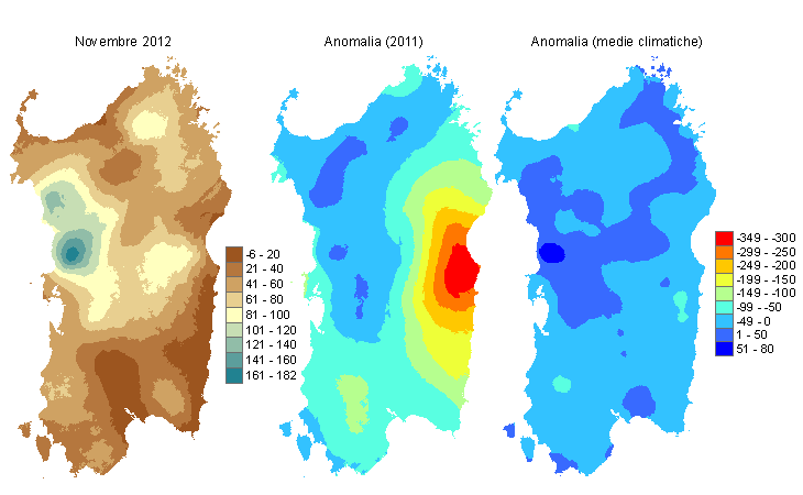 Figura 2 - Mappe di bilancio idro-meteorologico di novembre 2012 e di anomalia rispetto all'anno precedente e ai valori medi trentennali. Figura 2 - Mappe di bilancio idro-meteorologico di novembre 2012 e di anomalia rispetto all'anno precedente e ai valori medi trentennali.
