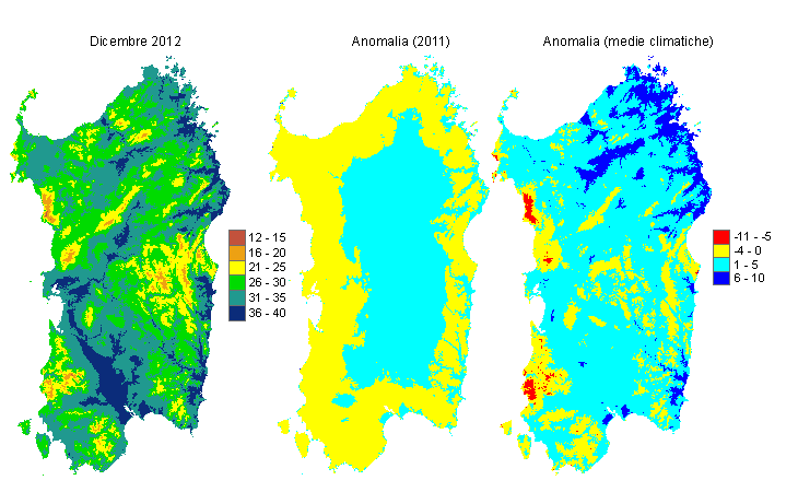 Figura 1 - Mappe di evapotraspirazione di riferimento di dicembre 2012 e di anomalia rispetto all'anno precedente e ai valori medi trentennali. Figura 1 - Mappe di evapotraspirazione di riferimento di dicembre 2012 e di anomalia rispetto all'anno precedente e ai valori medi trentennali.