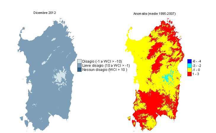 Figura 12 - Mappe di WCI per il mese di dicembre 2012 e raffronto con i valori medi del periodo 1995-2007. Figura 12 - Mappe di WCI per il mese di dicembre 2012 e raffronto con i valori medi del periodo 1995-2007.