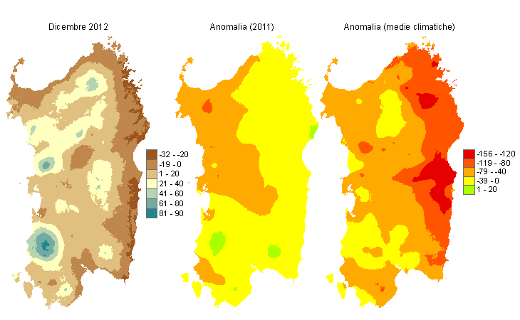 Figura 2 - Mappe di bilancio idro-meteorologico di dicembre 2012 e di anomalia rispetto all'anno precedente e ai valori medi trentennali. Figura 2 - Mappe di bilancio idro-meteorologico di dicembre 2012 e di anomalia rispetto all'anno precedente e ai valori medi trentennali.