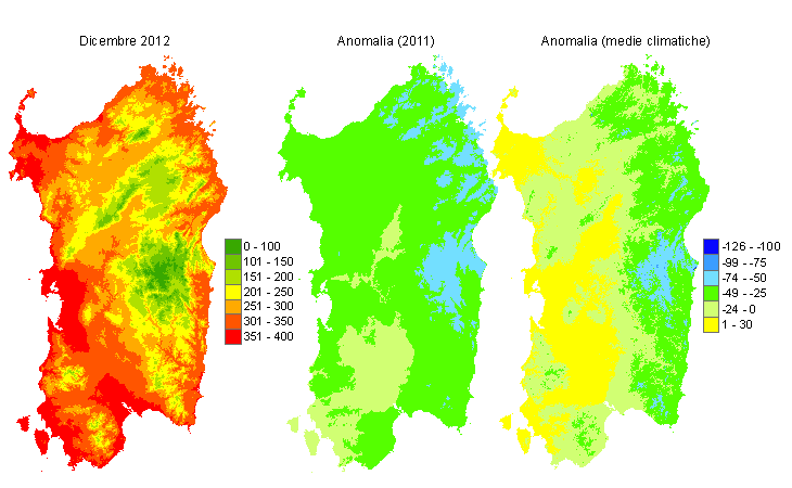 Figura 6 - Mappe di sommatorie termiche in base 0 °C calcolate per il mese di dicembre 2012 e raffronto con l'anno precedente e con i valori medi trentennali. Figura 6 - Mappe di sommatorie termiche in base 0 °C calcolate per il mese di dicembre 2012 e raffronto con l'anno precedente e con i valori medi trentennali.