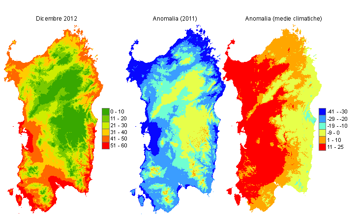 Figura 7 - Mappe di sommatorie termiche in base 10 °C calcolate per il mese di dicembre 2012 e raffronto con l'anno precedente e con i valori medi trentennali. Figura 7 - Mappe di sommatorie termiche in base 10 °C calcolate per il mese di dicembre 2012 e raffronto con l'anno precedente e con i valori medi trentennali.